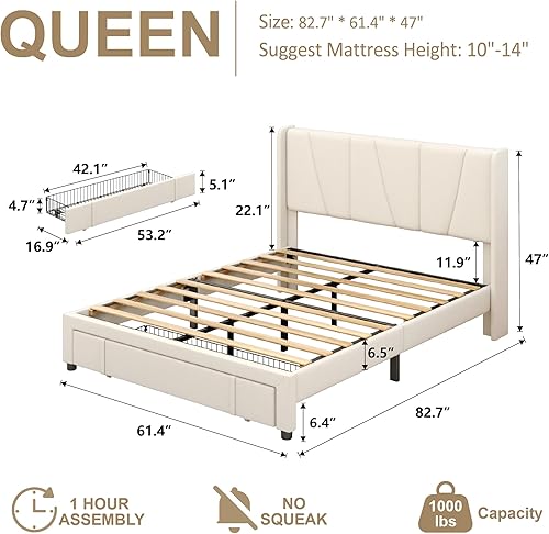 Miniatura 2 de Marco de Cama Queen con Cajones de Almacenamiento, Cama de Plataforma Tapizada Tamaño Queen con Cabecera de 47" de Alto y Respaldo Lateral, No