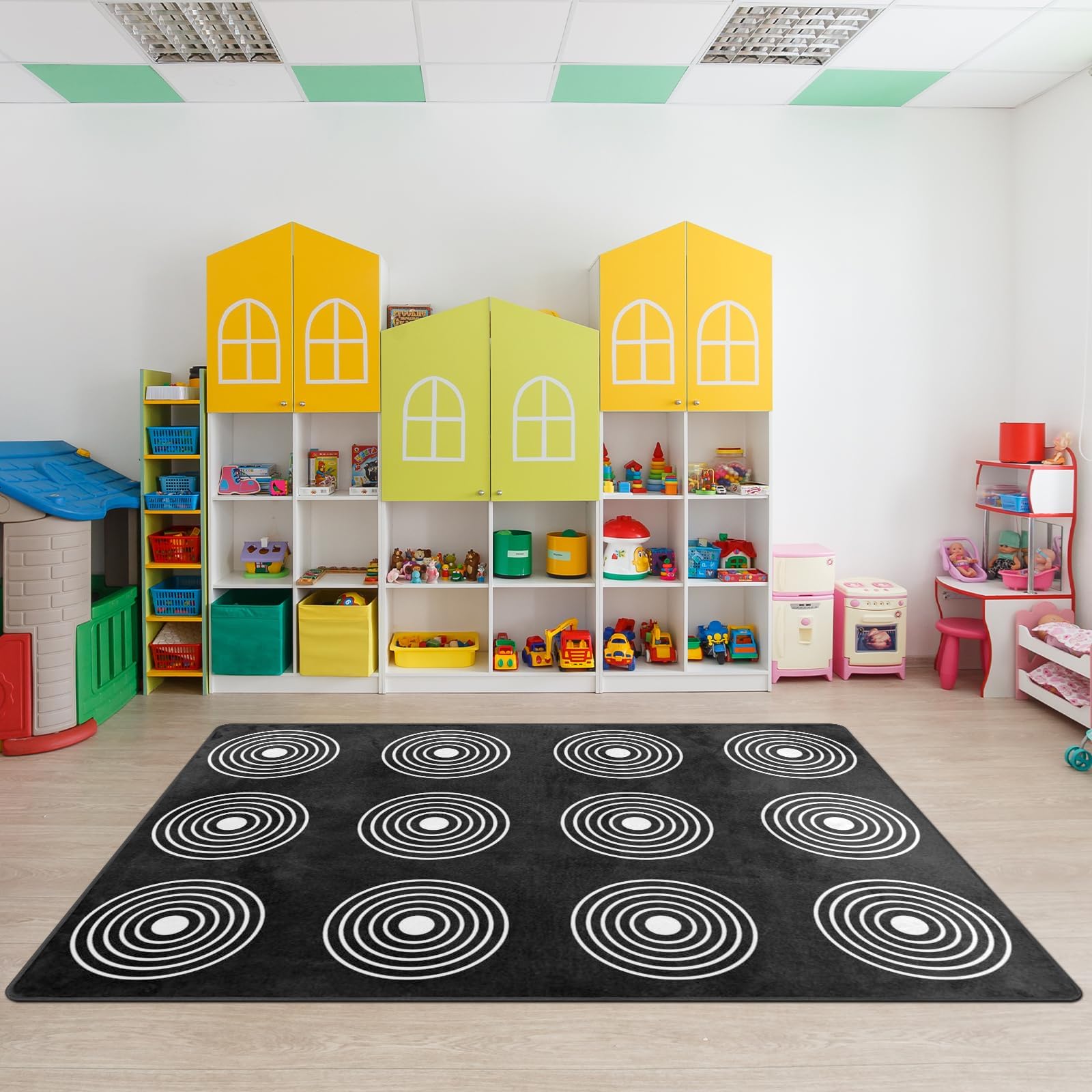 Kids Rug, Classroom Carpets Playmat Rugs - 5x7 Ft Kids Carpet with Rubber Backing, Circle Bullseye Abstract Children's Seating Rug Play Mat Nursery Rugs for Children Bedroom Playroom Elementary, Black