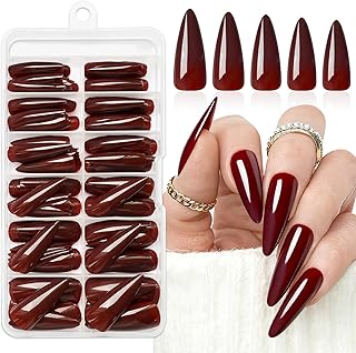144pc Burgundy Press on Nails Long Stiletto Fake Nails with Glue Tabs, Wine Red Nails Press ons Nails Stiletto Glue on Nail Pointy Acrylic Nails Stick False Artificial Fingernail for Women Girls