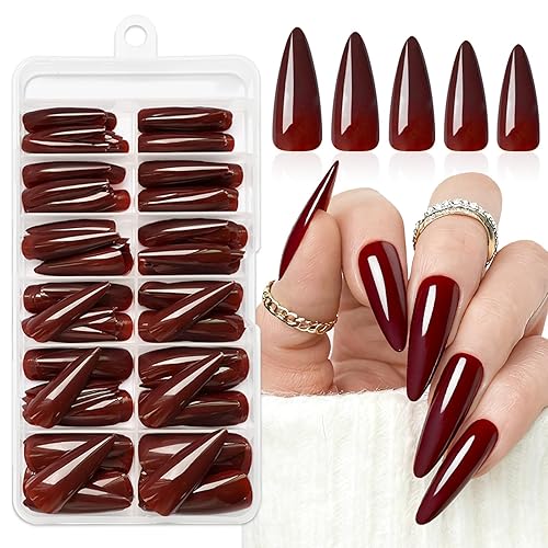 144pc Burgundy Press on Nails Long Stiletto Fake Nails with