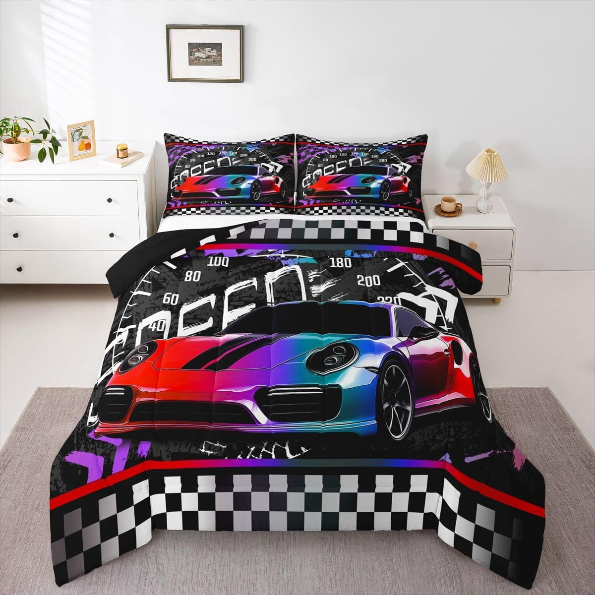 Feelyou Purple Race Car Bedding Set - Queen Size Comforter Set with 2 Pillowcases, Geometric Checkered Pattern, Inner Fill Duvet Set