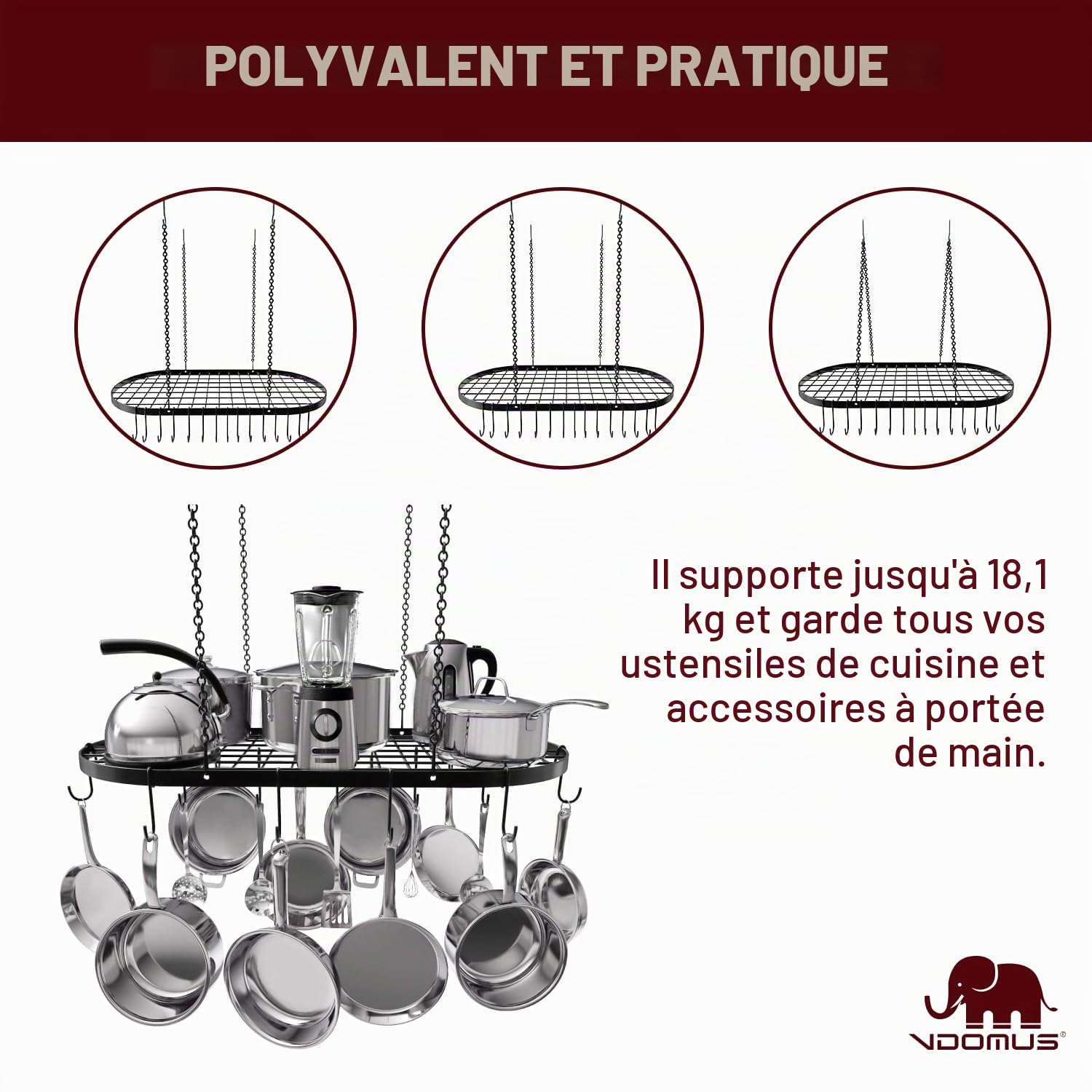 Vdomus Étagère de rangement robuste pour casseroles – 83 x 43,2 cm – Rangement au plafond élégant en alliage d'acier noir avec 15 crochets – Organisez les ustensiles de cuisine et les ustensiles de