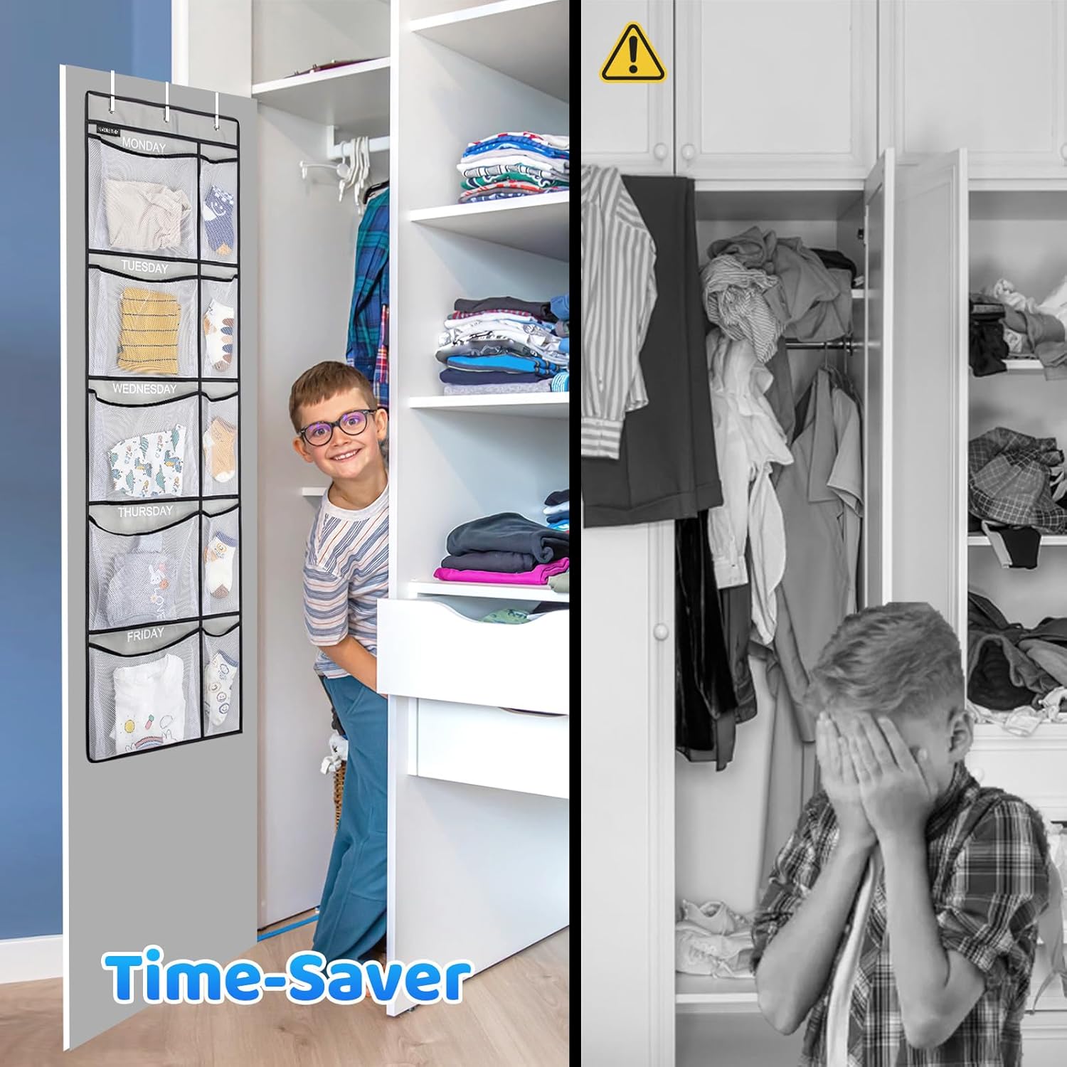 Weekly Kids Clothes Organizer - Day of Week School Clothing Organizer, Monday to Friday Time Save, No Odour, 5-Shelf Hanging Closet Storage (Grey), 2 Pack