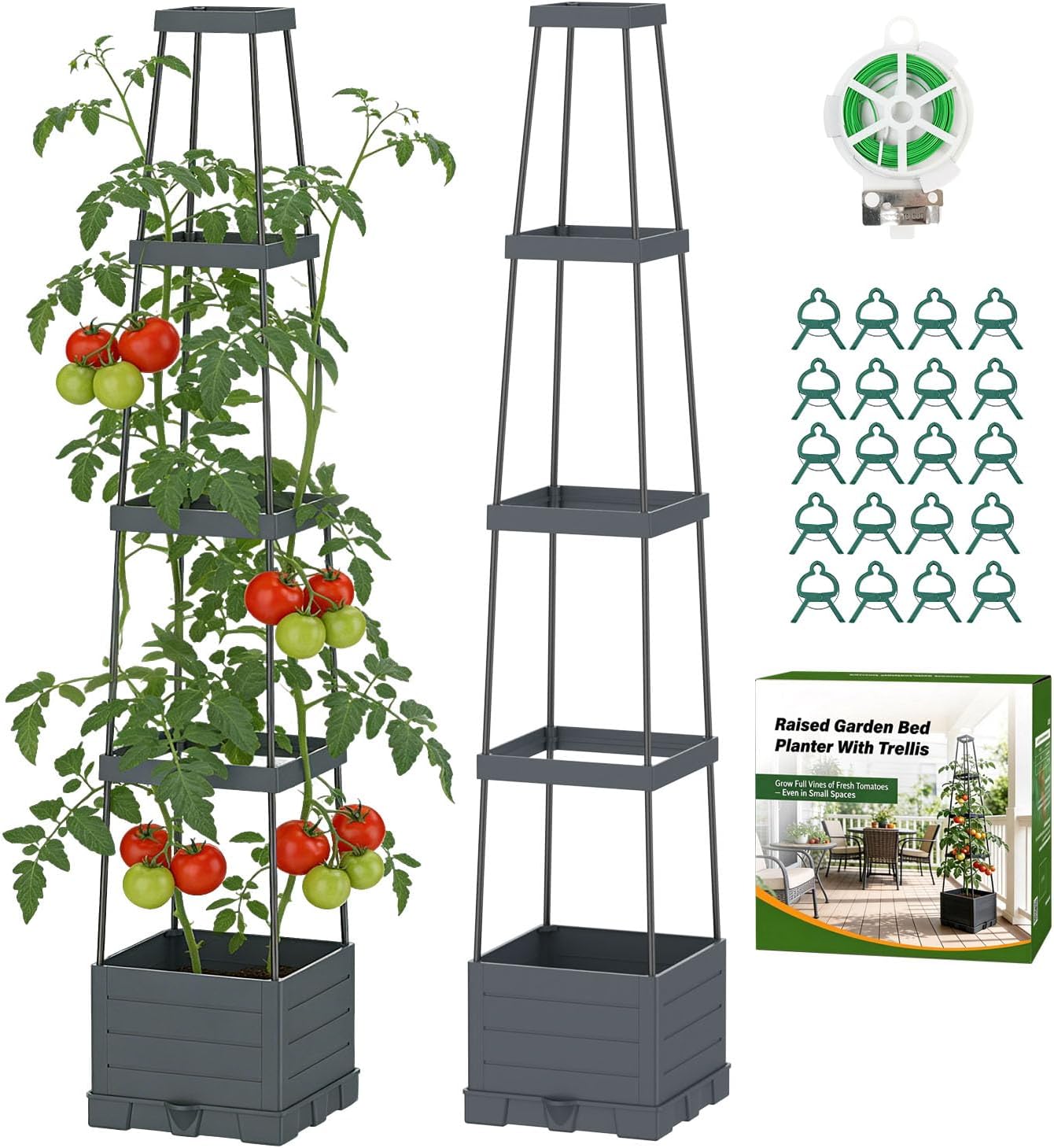 Suteck Raised Garden Bed with Trellis, 2PK Self-Watering Tomato Planter Box