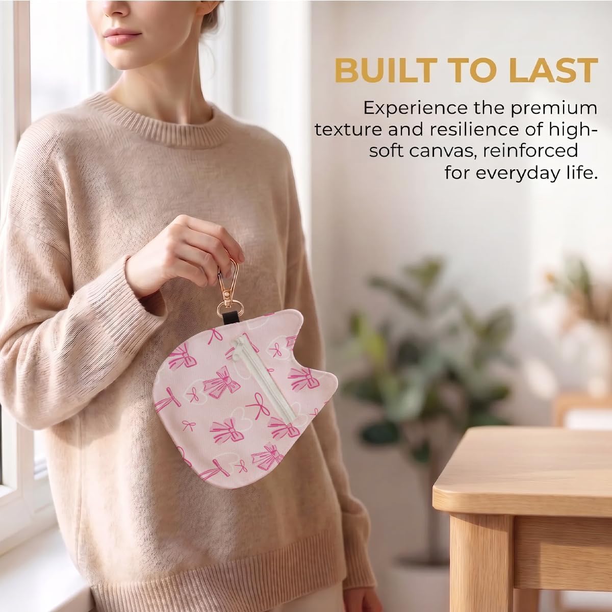 Cherry Bow Cat Shaped Coin Purse, Canvas Change Purse, Coin Pouch with Keychain, Coquette Cherry Zipper Small Wallet for Women Teen, Cat Lover Gifts, Mini Bag for Coins, Accessories, Backpack Charm