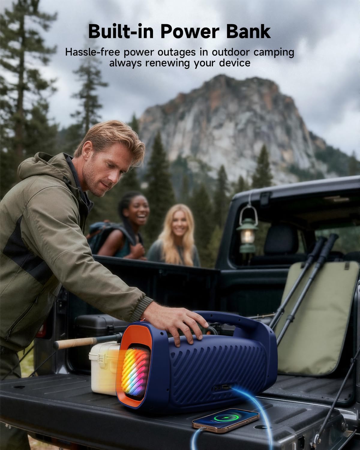 RWN Outdoor Bluetooth Speaker: 160W Loud Sound, IP67 Waterproof with 24H Playtime, Fast Charge, Bass, TWS, Portable Wireless Speakers with Light Show for House, Party, Projector, Beach (Blue+Orange)