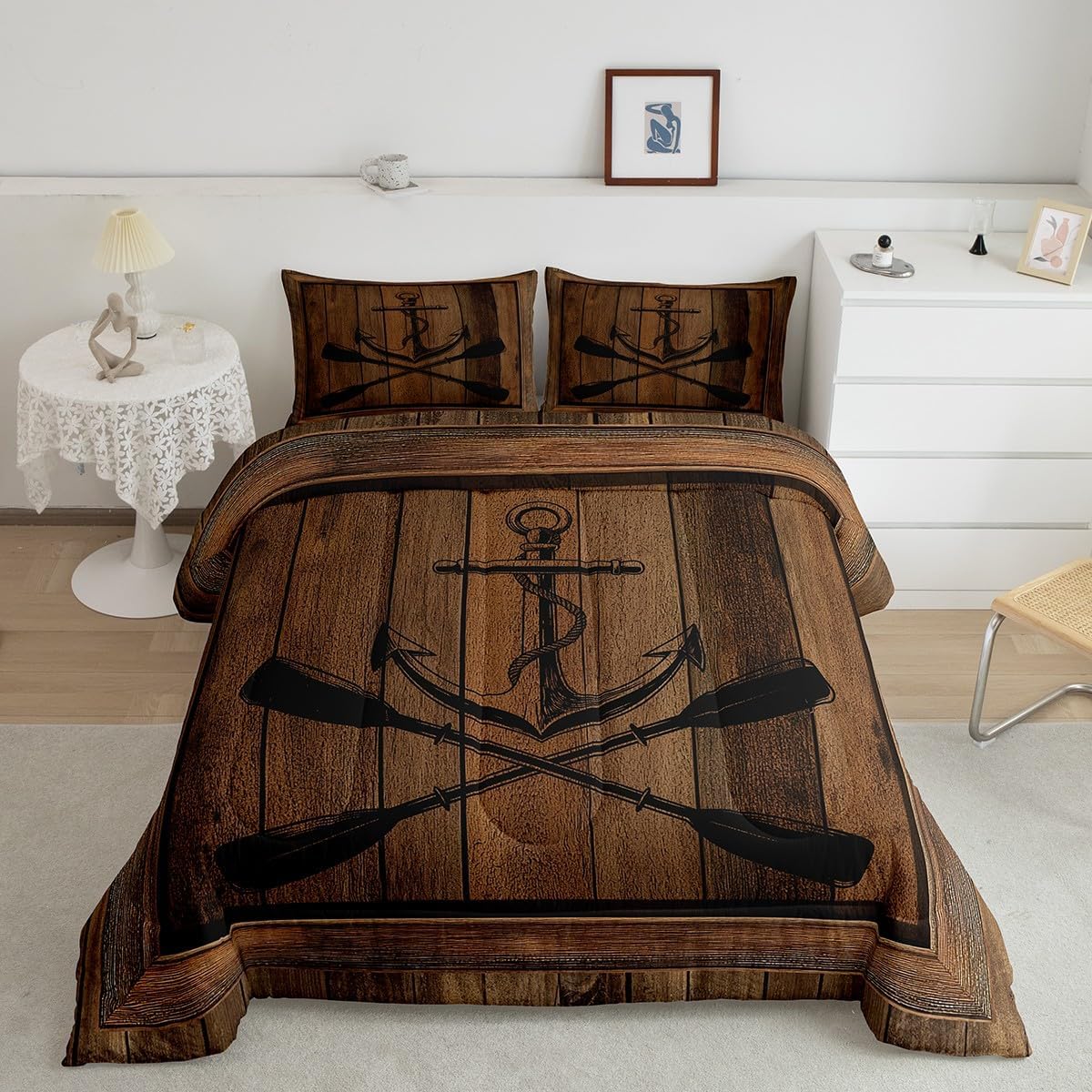 Castle Fairy Nautical Anchor Comforter Set King Size,Lake Life Paddle Go Boating Themed Bedding Set All Season Quilt Set,Brown Retro Rustic Country Wooden Plaid Microfiber Polyester Down Comforter