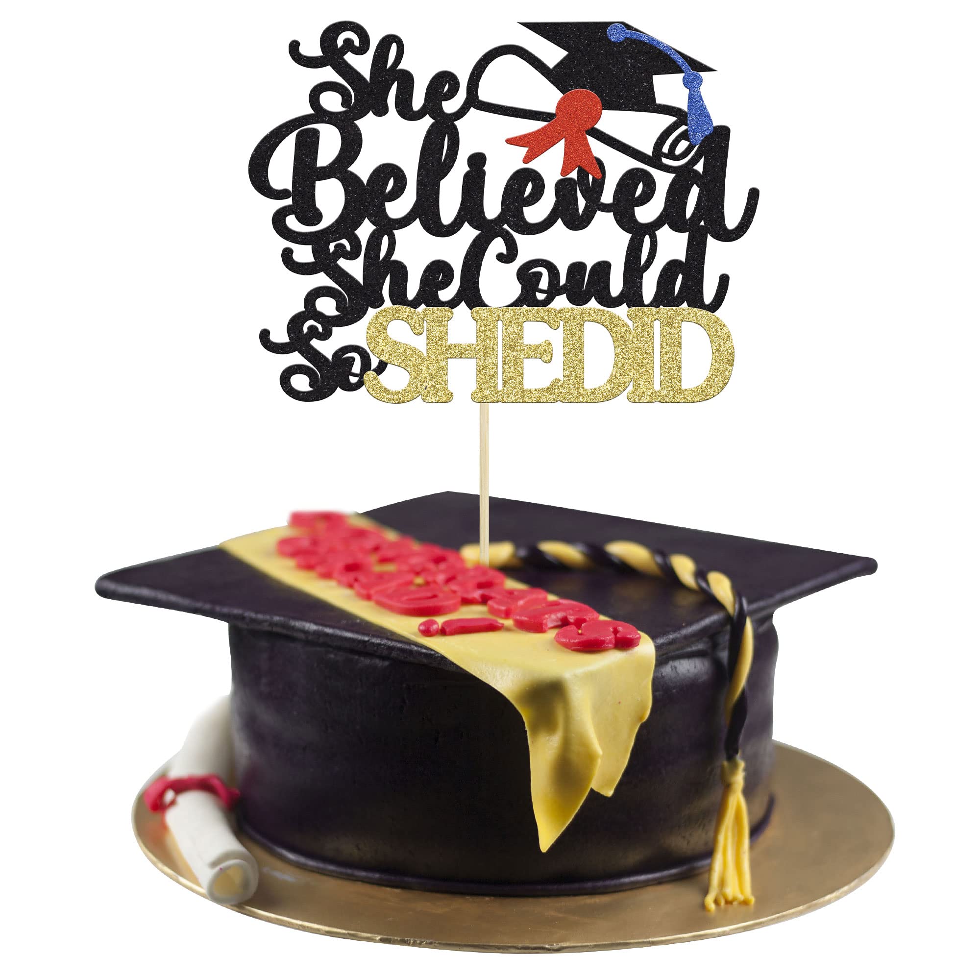 1Pc She Believed She Could So She Did Cake Topper Gold Glitter 2025 Graduation Cake Topper Decorations for Girls Congrats Grad Graduation Party Supplies