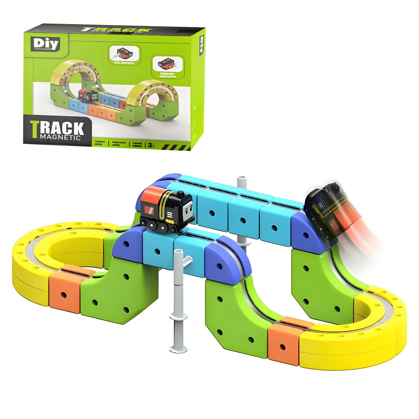 Electric Train Set Flexible Race Track, 62 Pcs Magnetic Train Track Set,3D Embedded Layout Suspended Track Building Block Toy,DIY Cube Track,For Kids Boys Girls (62pcs)