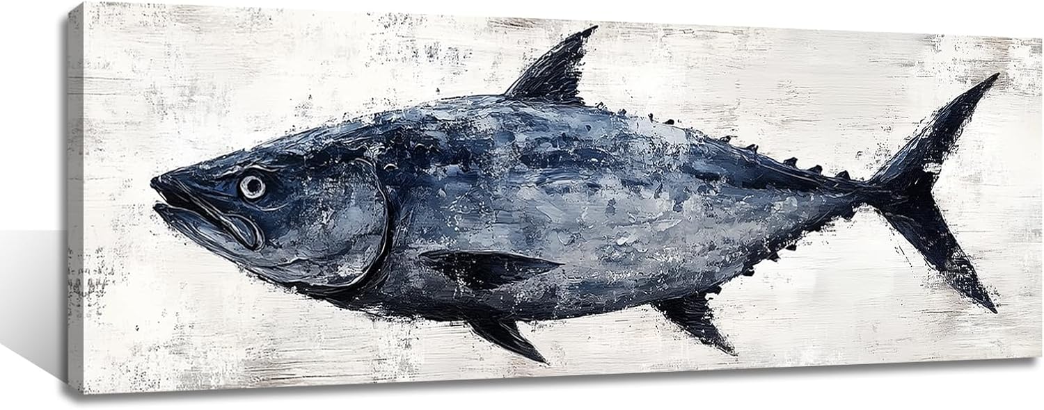 TIEHAOMAI Blue Shark Canvas Wall Art Premium Shark Pictures Nautical Marine Life Prints for Bedroom Decor（Fish-6,24x48inch (40x120cm)