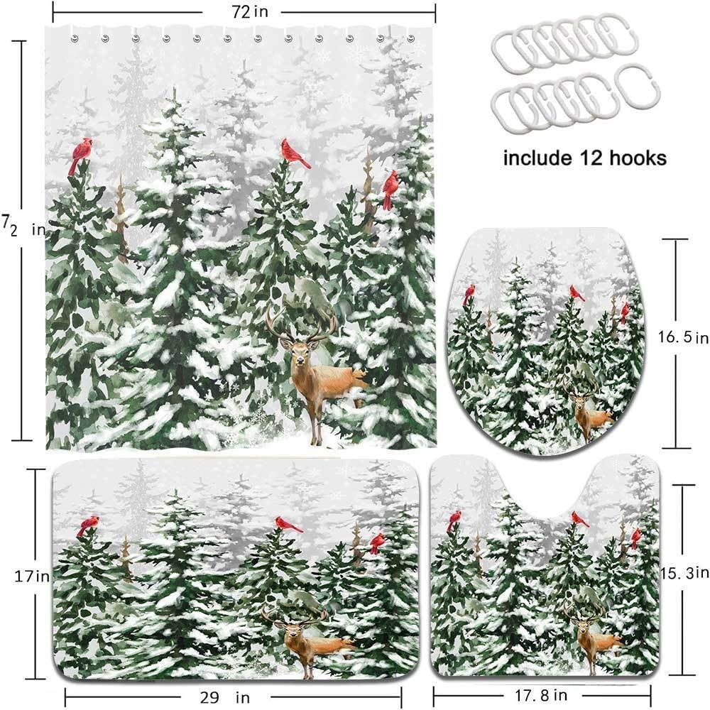 4 Pcs Winter Christmas Shower Curtain Set, Cute Snowman Snowflake Scene Holiday Decor Bathroom Rug Sets, Farmhouse Xmas Covered Snow Non-Slip Rugs Toilet Lid Cover Bath Mat