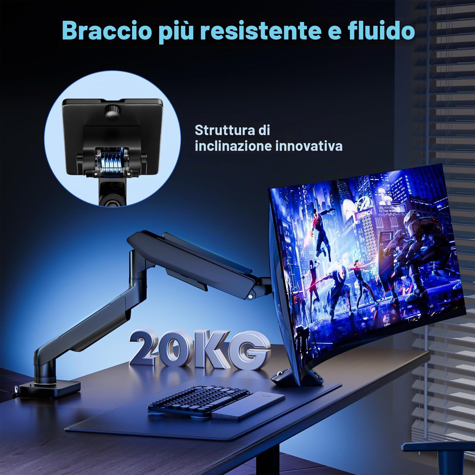 Supporto per monitor piatto e curvo da 17 – 49 pollici, robusto supporto per monitor a molla a gas regolabile in altezza con inclinazioni, maggiore capacità di carico di 2 – 20 kg, VESA