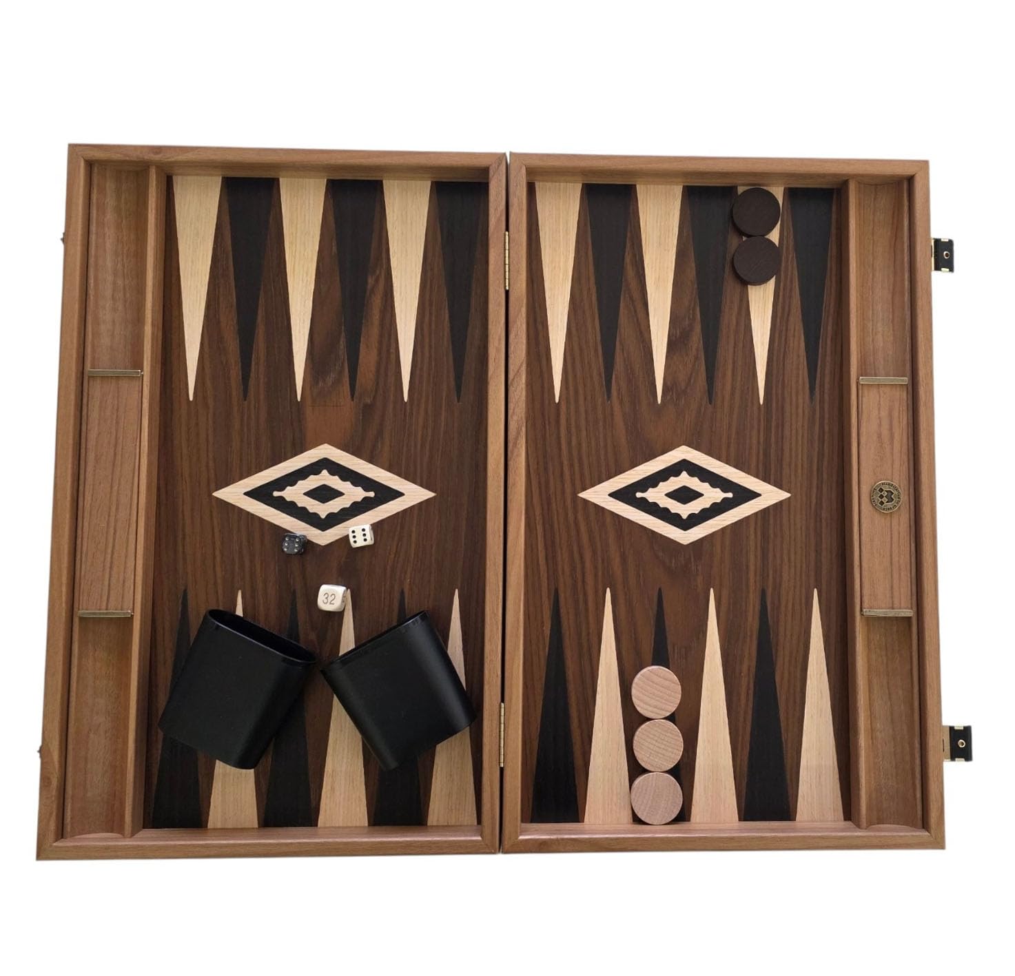 Set da backgammon in noce americano realizzato a mano con ripiani laterali, elegante design intarsiato