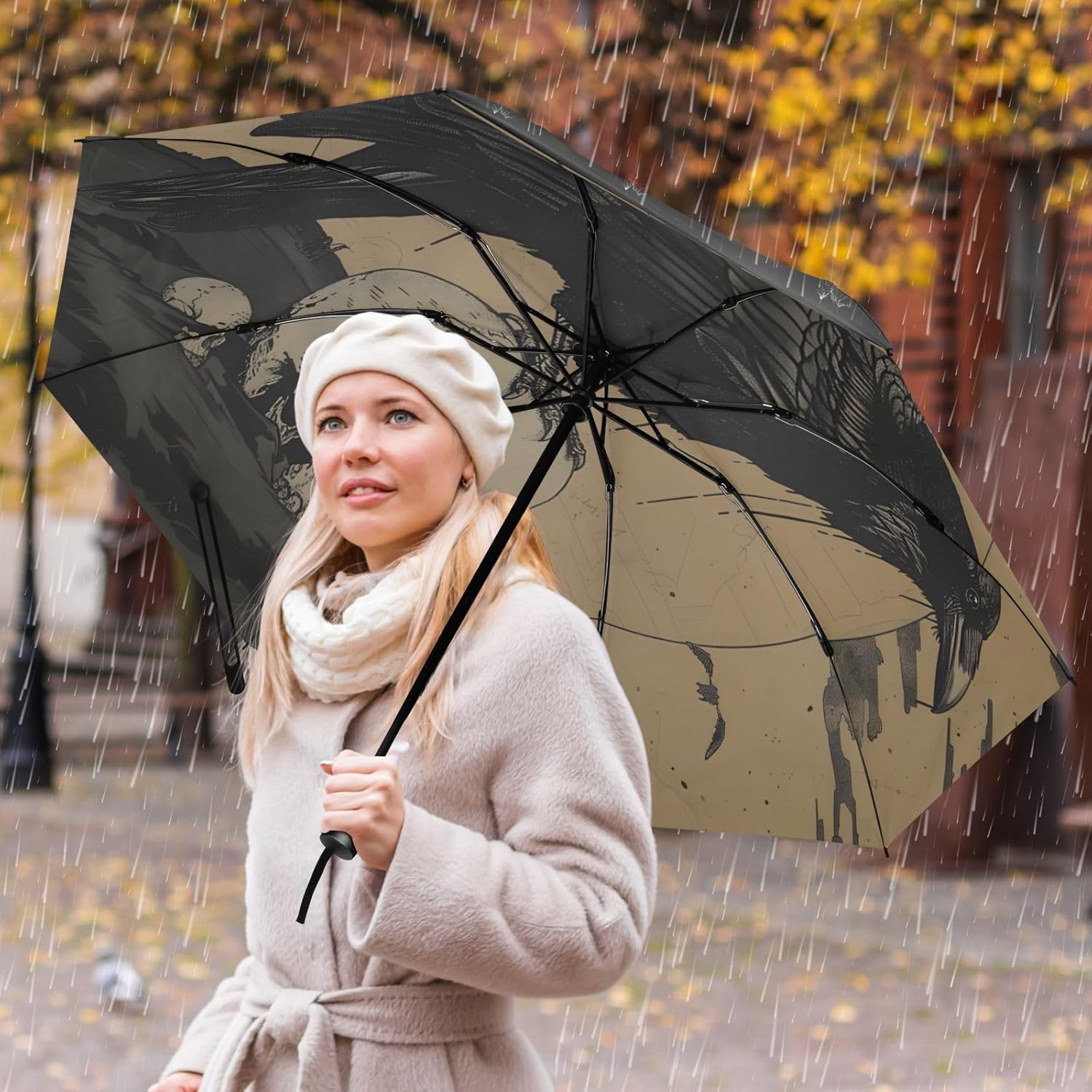 Gothic Crow Skeleton Umbrellas for Rain Travel Umbrella Compact Folding Lightweight Portable Automatic Umbrella