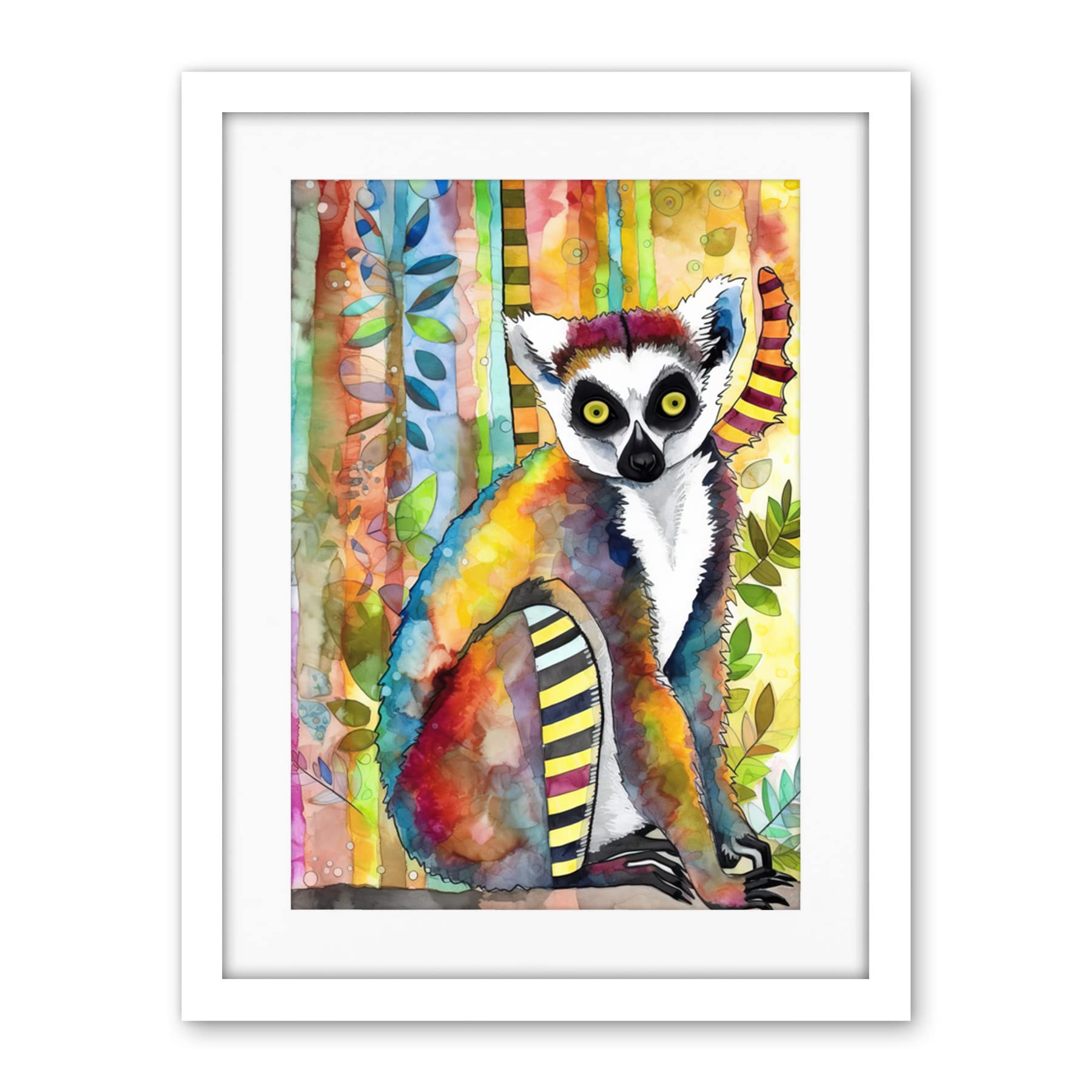 Artery8 Lemur Vibrant Portrait Folk Art Watercolour Painting Artwork Framed Wall Art Print 18X24 Inch