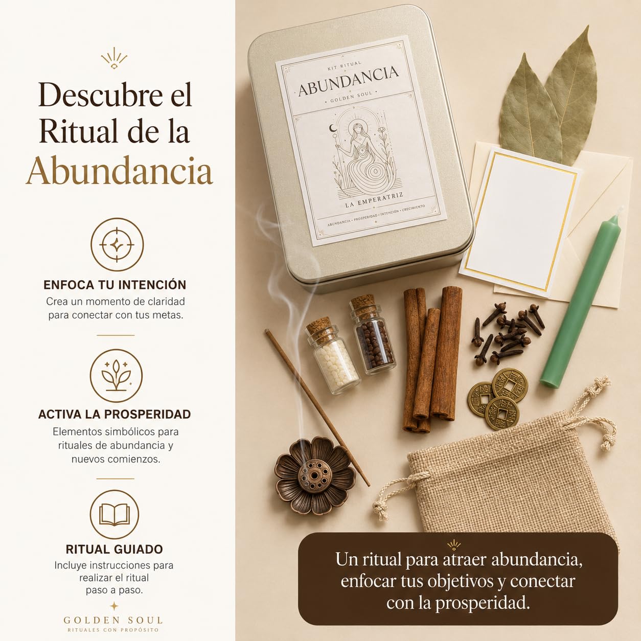 Golden Soul - Kit Ritual de Abundancia y Dinero con Vela Verde, Arroz, Café, Laurel, Canela, Clavo, Monedas Simbólicas, Incienso, Tarjetas e Instrucciones, Regalo Espiritual