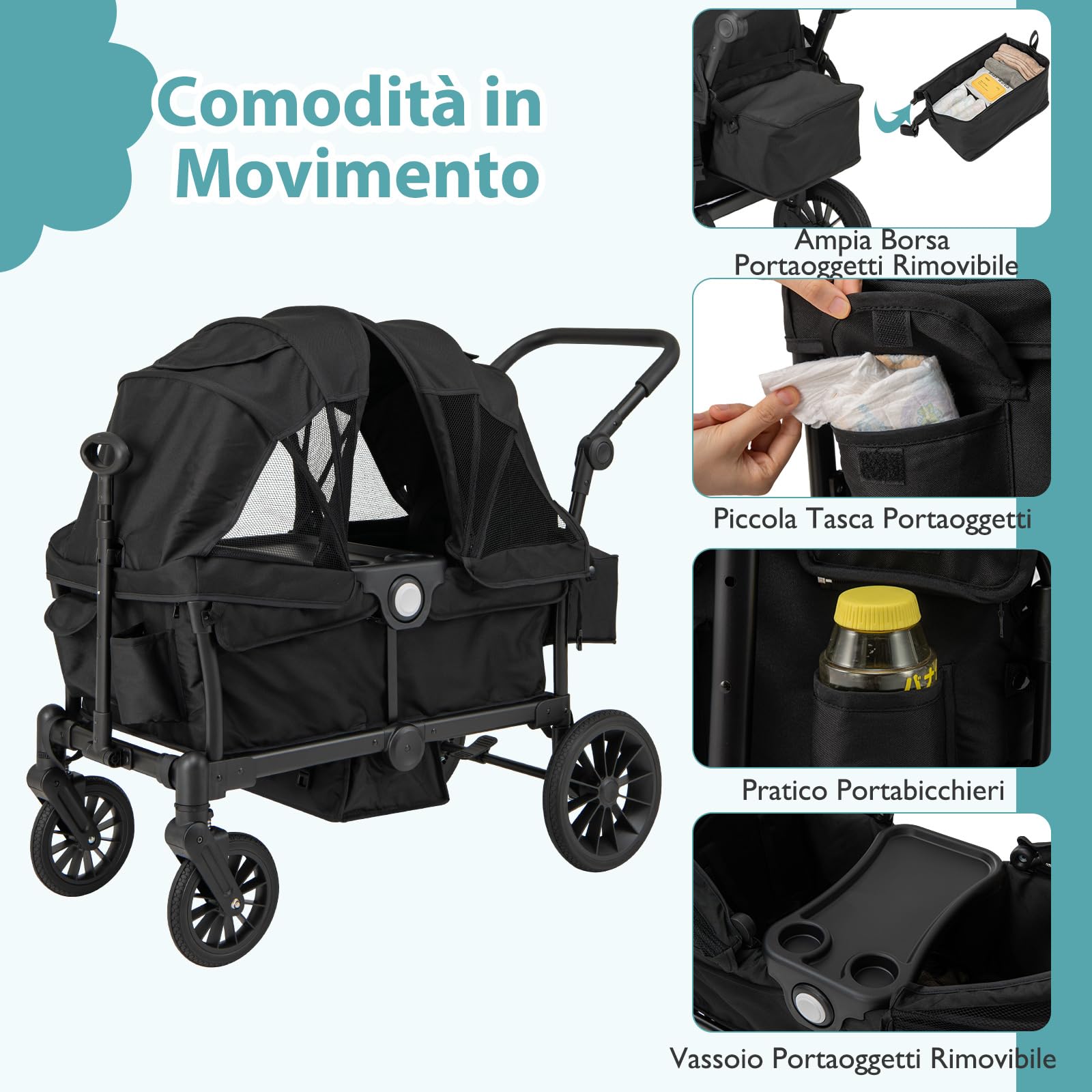 COSTWAY Passeggino Doppio Pieghevole, Passeggino Gemellare con Manico Regolabile, Tettuccio Rimovibile, Portabicchieri, per Bambini da 6+ Mesi, 104 x 57 x 107 cm (Nero)