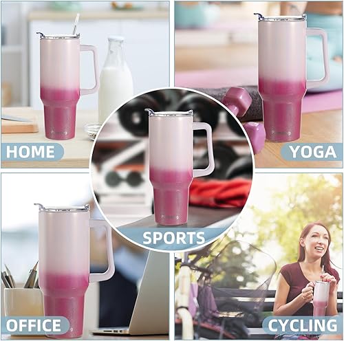 Miniatura 7 de Vaso de 40 onzas con asa y tapa con pajilla, reutilizable, aislado, de acero inoxidable, botella de café de viaje, botella de agua térmica 100% a