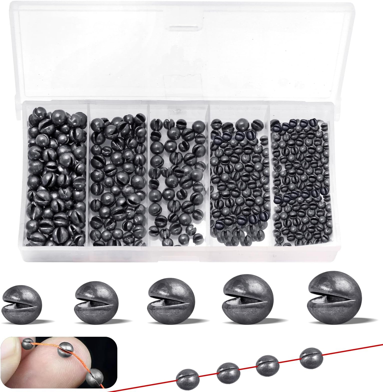 Realure 220 Pcs/5 Sizes Fishing Split Shot 0.6g 0.5g 0.4g 0.3g 0.2g Fish Dispenser Sinkers Weights Shot for Stabilizing the Fishing Line & Bait