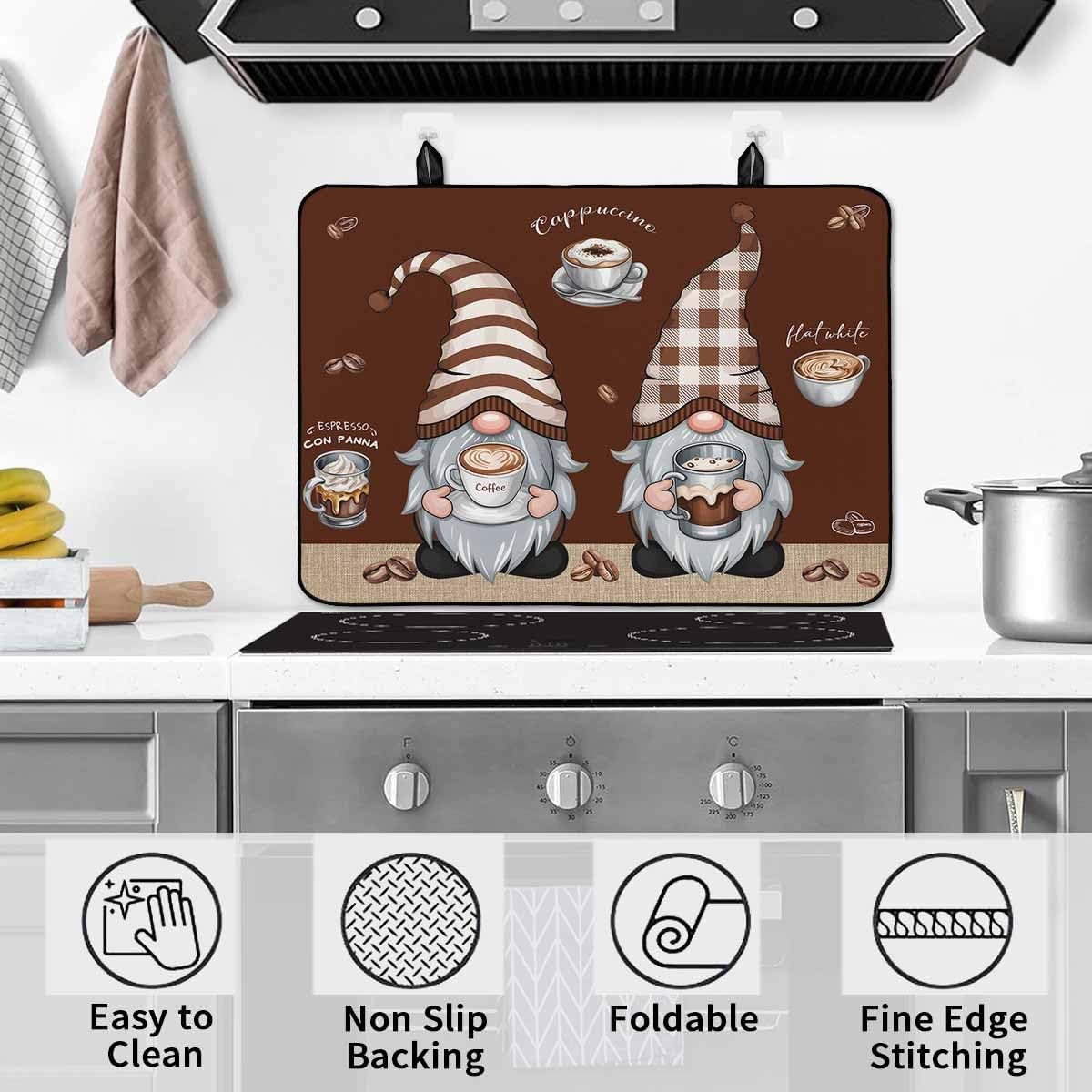 Stove Cover for Electric Stove, Coffee Gnome Coffee Beans on Brown Background Stove Top Cover for Glass Top, Heat Resistant Rubber Mat Foldable Cooktop Cover Top Protector, 28.5"x20.5"