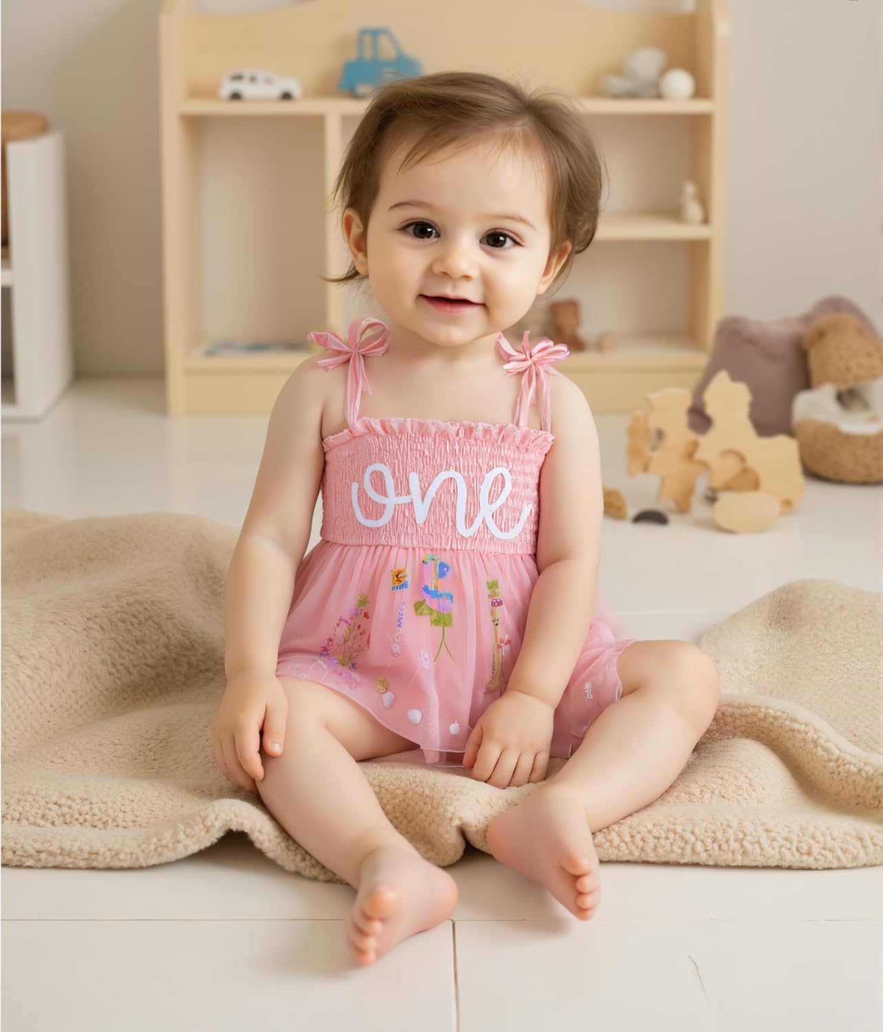 Baby Girl First Birthday Outfit Summer Sleeveless Smocked Fairy Berry One Romper Tulle Dress + Headband - Image 6