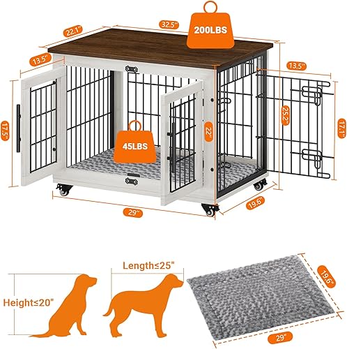 Miniatura 2 de Mueble de jaula para perros con cojín, perrera de madera para interiores con puertas dobles, jaula para perros con ruedas, mesa auxiliar lateral de