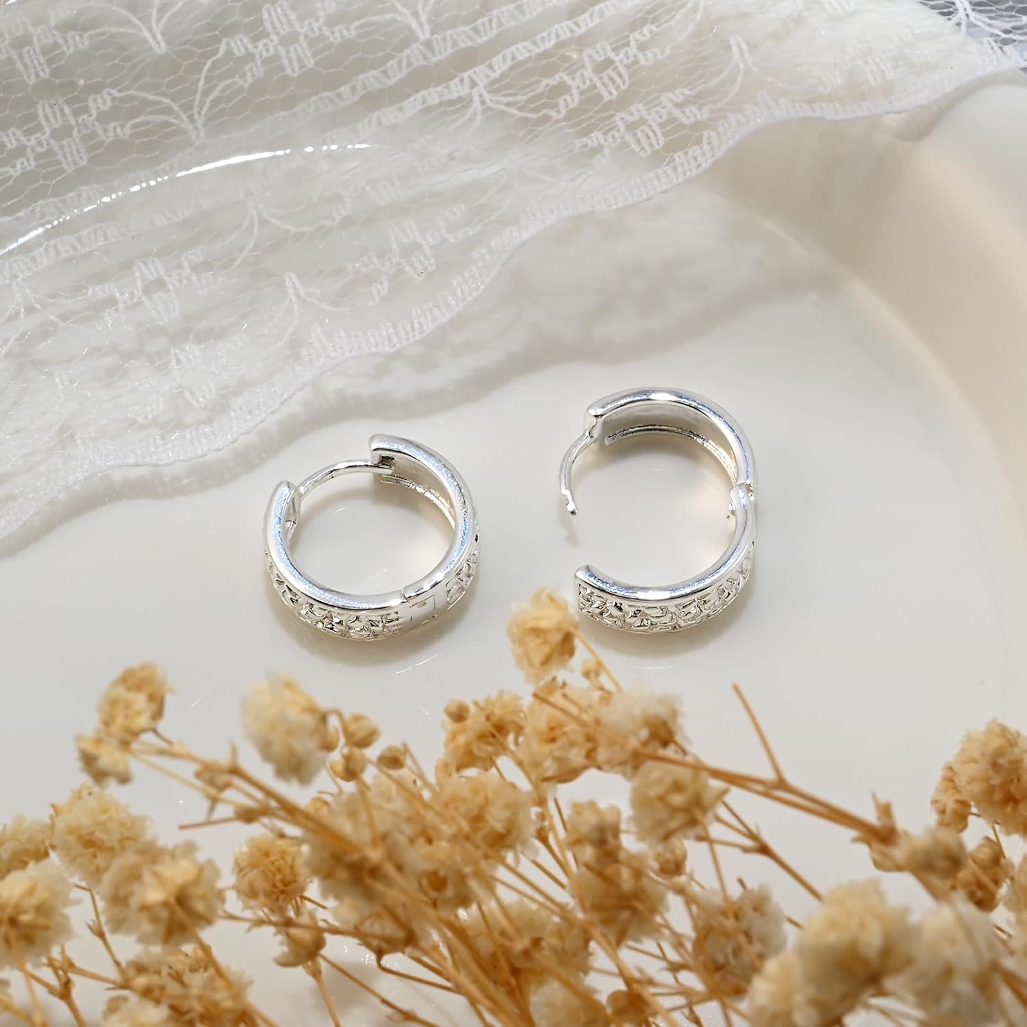 Silver Hoop Huggie Small Chunky Hammered Round Circle Simple Vintage Work Earrings for Women Office - Image 4