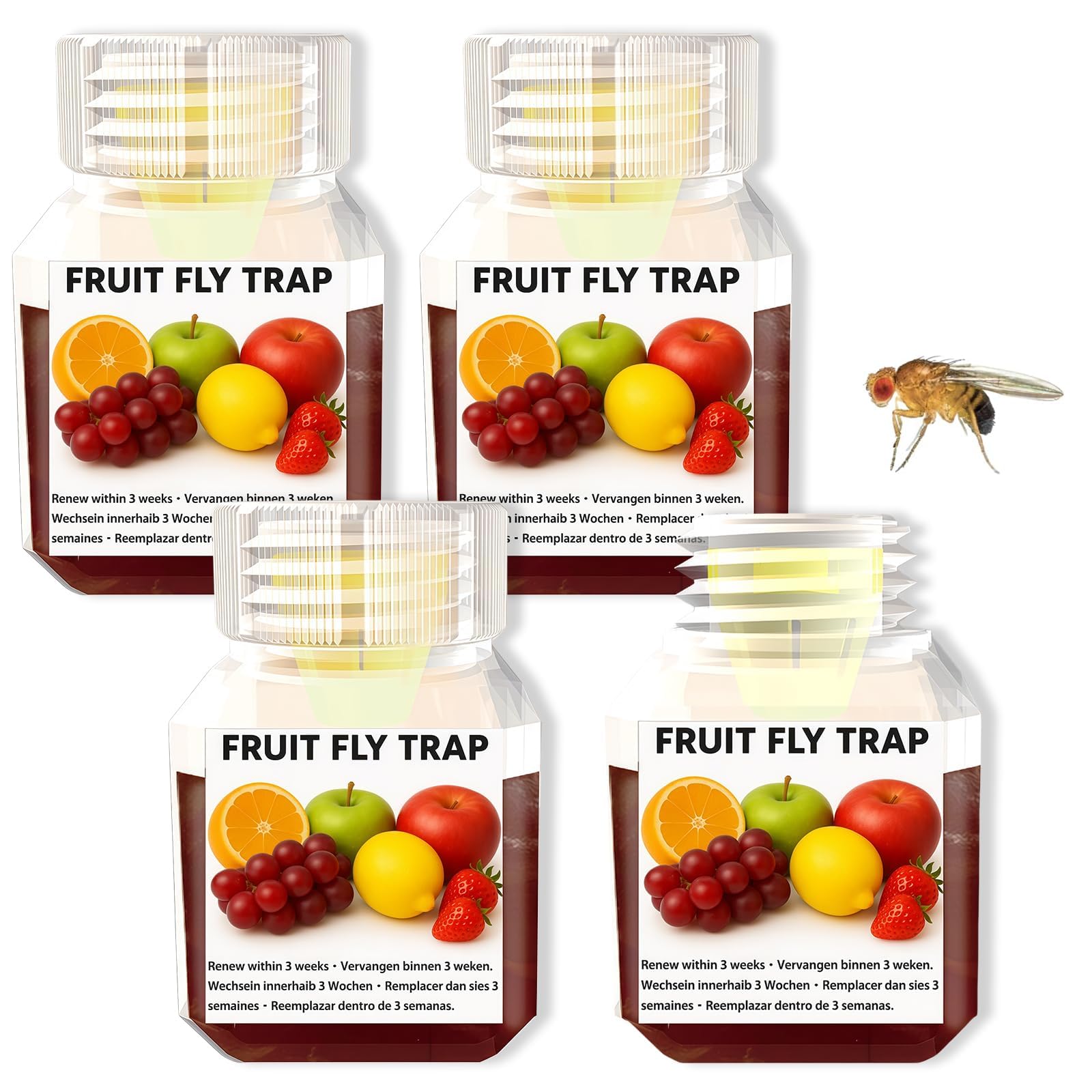Fruit Fly Trap Paper Catcher - 4-Pack Instantly Attracts, Natural Bait Fruit Fly Catcher, Up to 3 Weeks per Bottle, Indoor Home & Kitchen Protection per Bottle