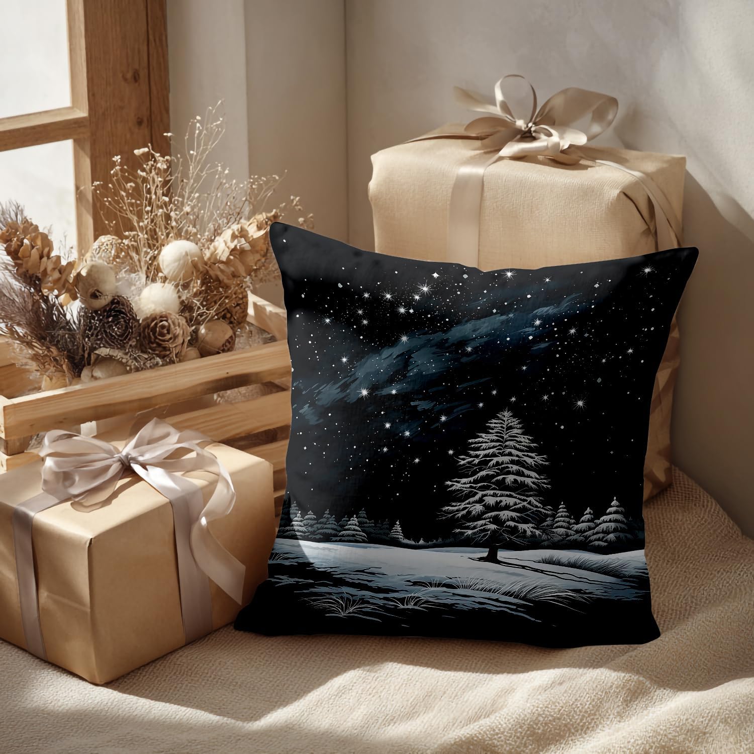Batmerry Trees White Snowflakes Pillowcases, Snow Stars Cloud Black Background Decorative Bed Pillowcases Digital Printing Blended Fabric Bedroom Set Hidden Zipper on Short Side 20X26 in