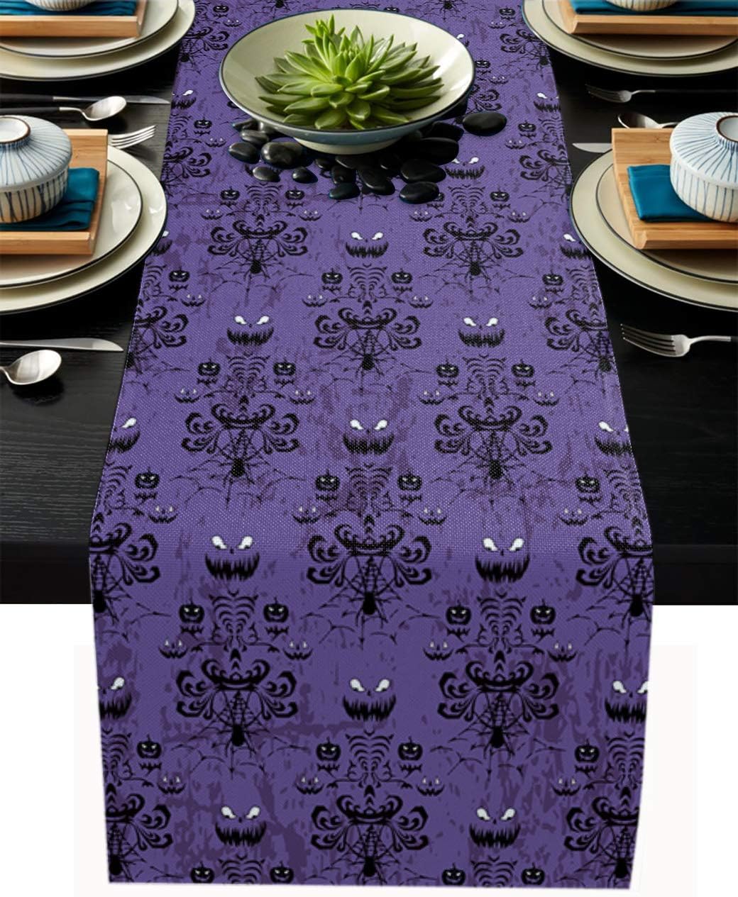 Table Runner for Dining Table Coffee Table Home Kitchen Decorative Halloween Haunted Ghost House Mansion Spider Cotton Line Table Linens for Indoor Outdoor Party/Holiday/Wedding/Gathering13x90inch