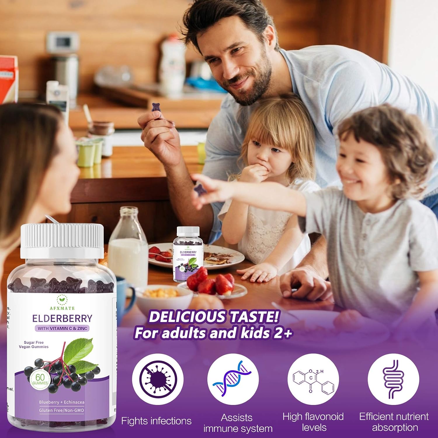 AFXMATE (2-Pack) Elderberry Gummies Sambucus Black Elderberry - for Adults Kids, with Zinc and Vitamin C