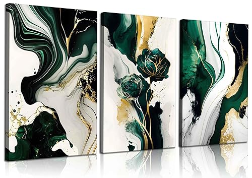 3Pcs Framed Emerald Green Wall Art, Modern Green and Gold