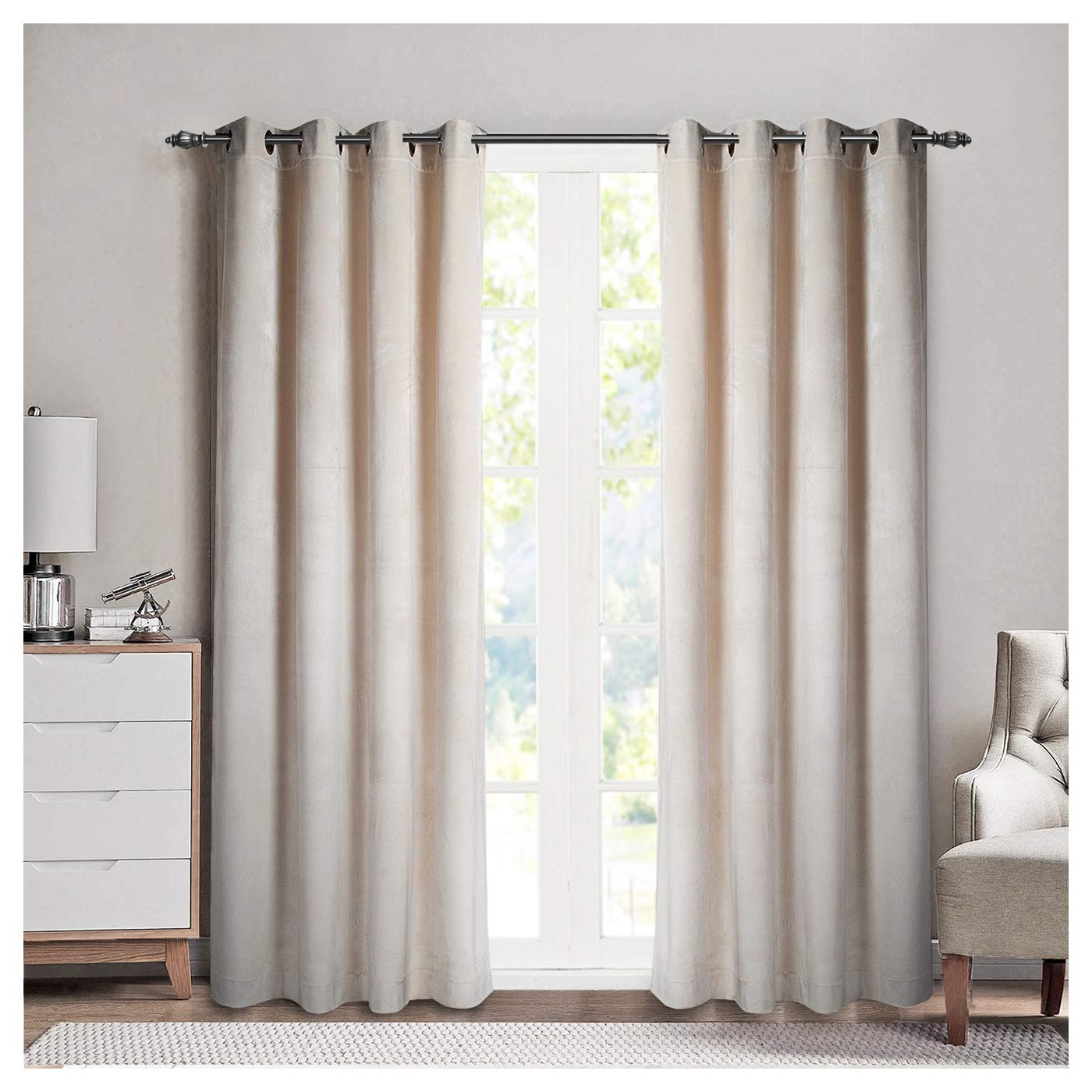 Singinglory Cream Velvet Curtains Pair 66x90 Drop, Thermal Insulated Heavy Eyelet 2 Panels with Tiebacks for Bedroom (Cream, 66x90)