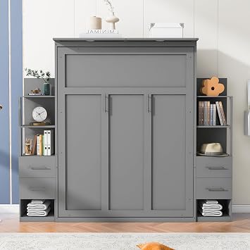 Queen Size Murphy Bed Wall Bed with Drawers, Shelves and LED Lights, Foldable Platform Bed Folded into Cabinet, Muti-Functional Designed for Home Office Gray&Drawers, Queen
