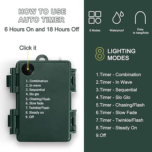 Miniatura 7 de KOUQIYA Luces de Navidad que funcionan con pilas, 33 pies, 100 luces LED con temporizador, 8 modos, impermeable, para Navidad, al aire libre,