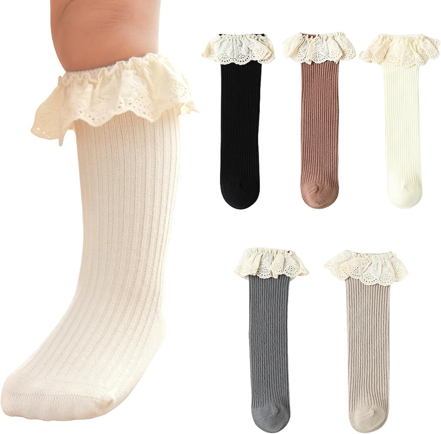 HOUSEYUAN Infant Frilly Baby Girls Knee High Socks Newborn Thigh Lace Ruffle Long Socks Toddler Tights Stockings 6-12 Months