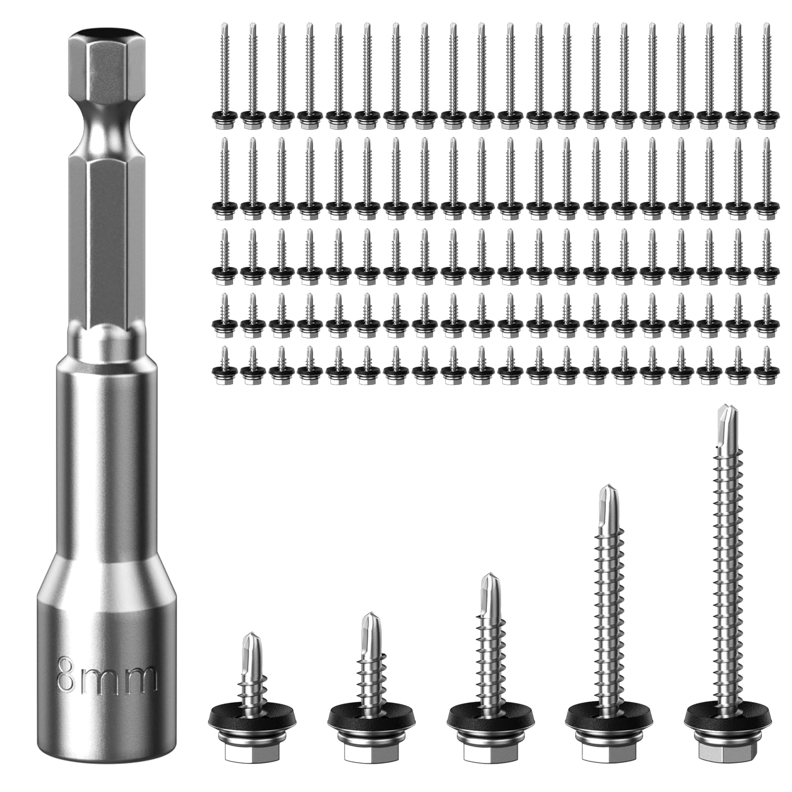 100 Pcs Self Drilling Screws for Metal, 410 Stainless Steel M4.8 Self-Drilling Roofing Screws with Washers, Hex Head Roofing Screws with Hex Socket Bits for Tin Roof Corrugated Roofing