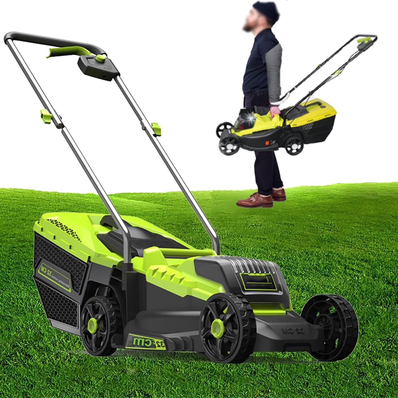 Tondeuse à gazon sans fil à 3 hauteurs réglables et coupe de 32cm