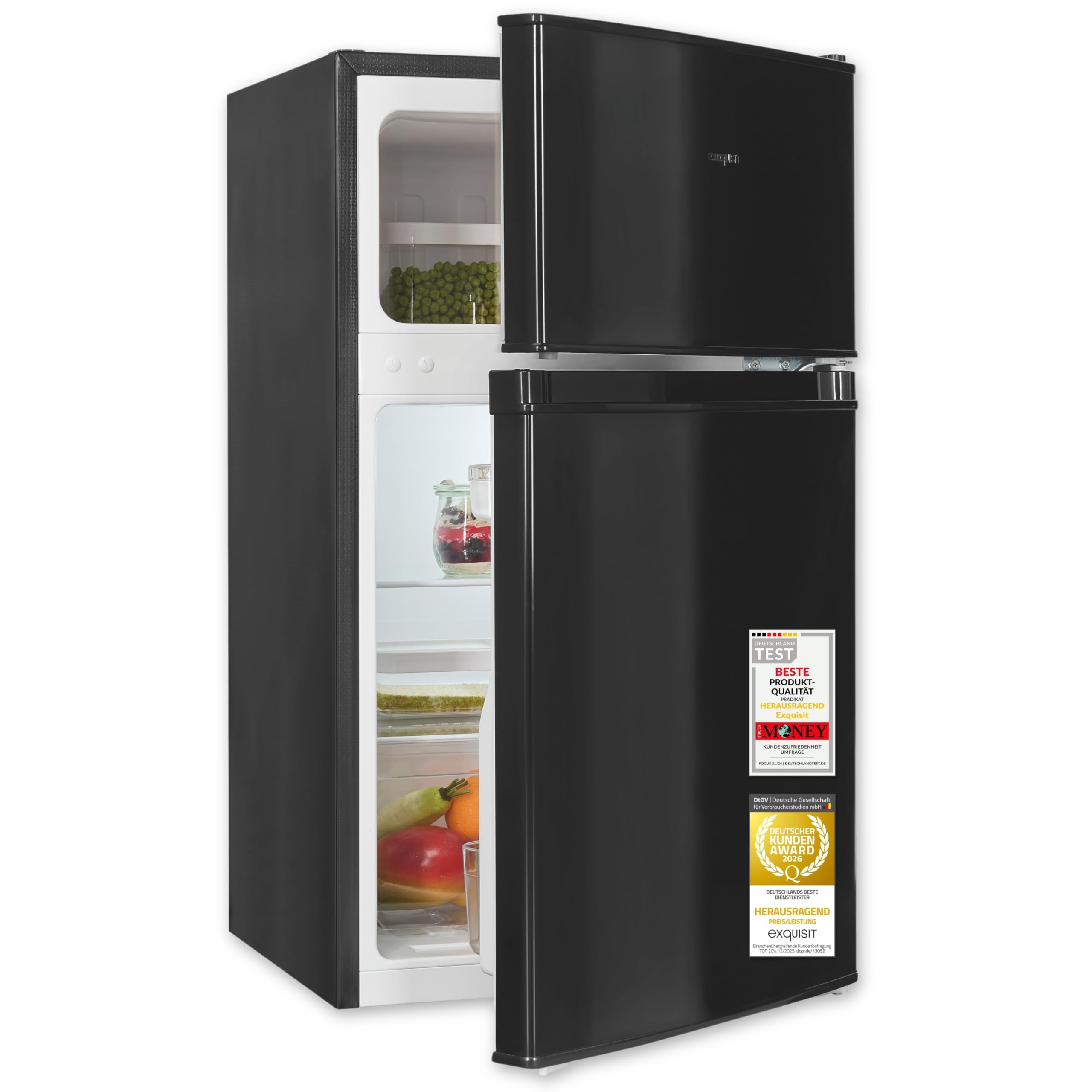 Exquisit Mini frigorifero congelatore, altezza 85 cm, frigorifero con congelatore piccolo, 85 litri, congelatore a 4 stelle, KGC590-30-E-040E nero