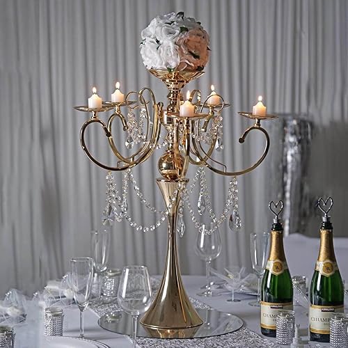 Efavormart - Candelabro votivo de metal dorado de 27 pulgadas con 5 brazos y gotas de cristal colgantes