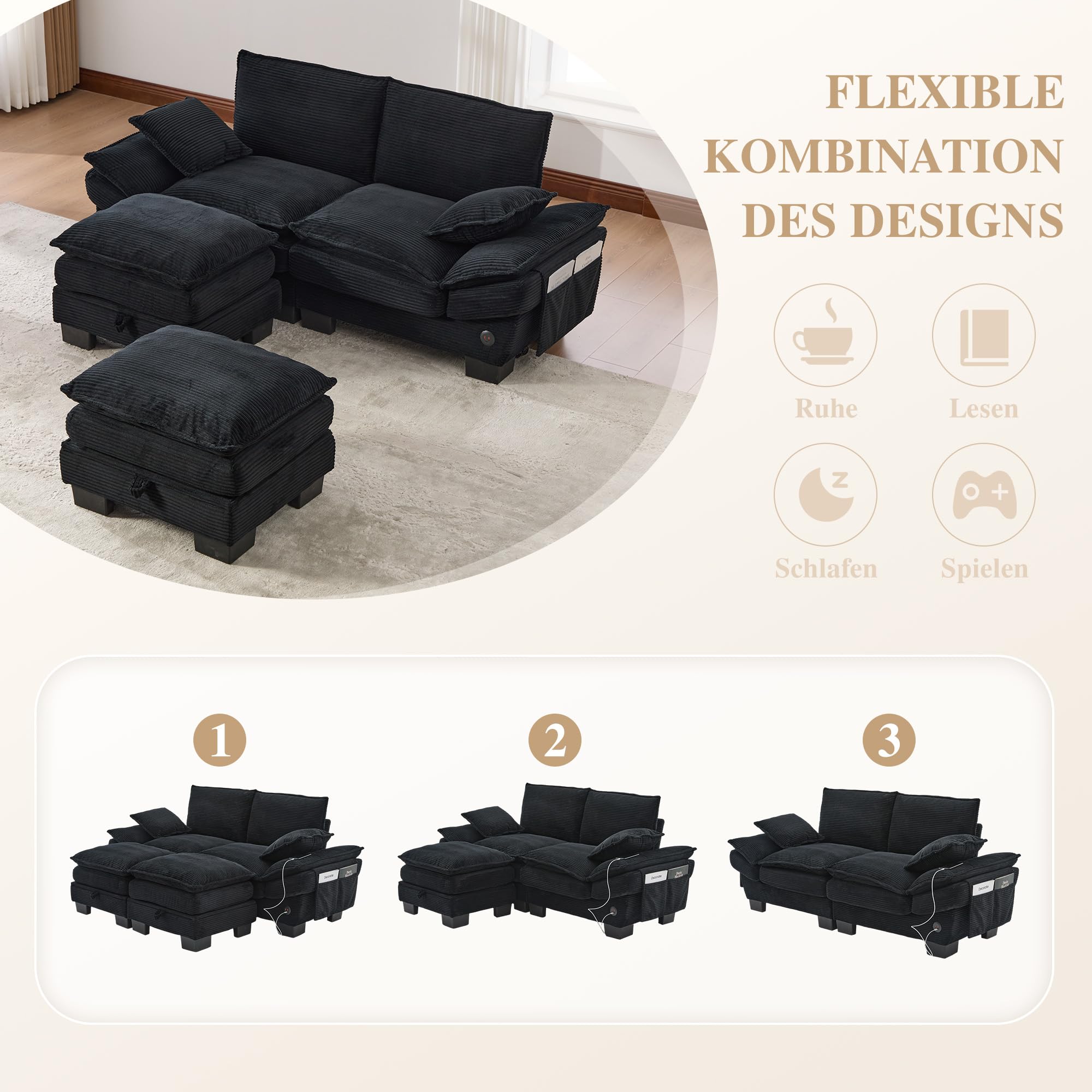 Modułowa sofa 2-osobowa z 2 taboretami, ergonomiczna szerokość siedziska z przyłączem C, sofa do salonu z bocznymi kieszeniami, do salonu, kolor czarny