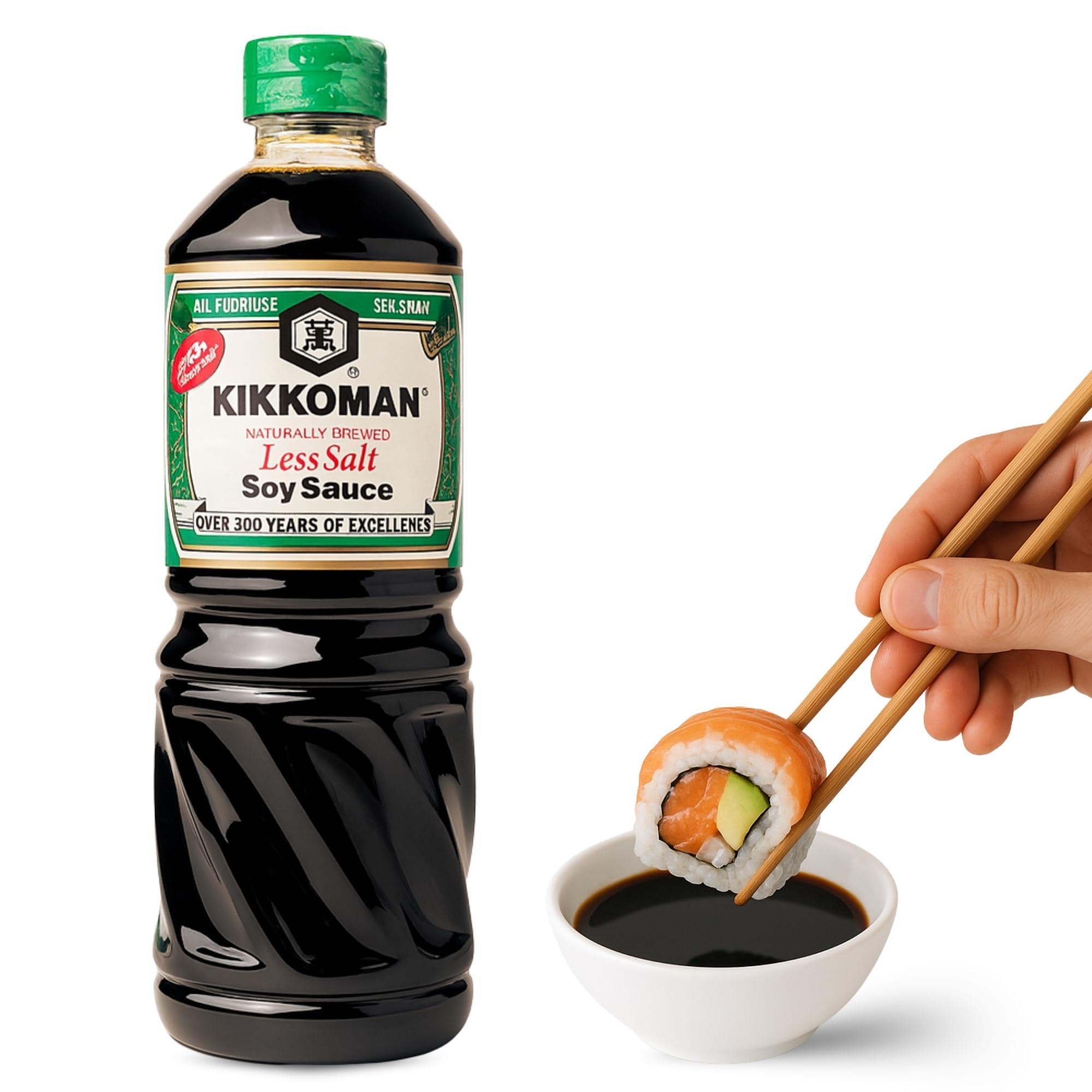 Salsa de Soja baja en sal, Salsa para Sushi, Soja Japonesa, ingredientes son 100% naturales sin aditivos ni conservantes, Para verduras, sopas, guisos, hacer salsas o aliñar las ensaladas, 975 ml