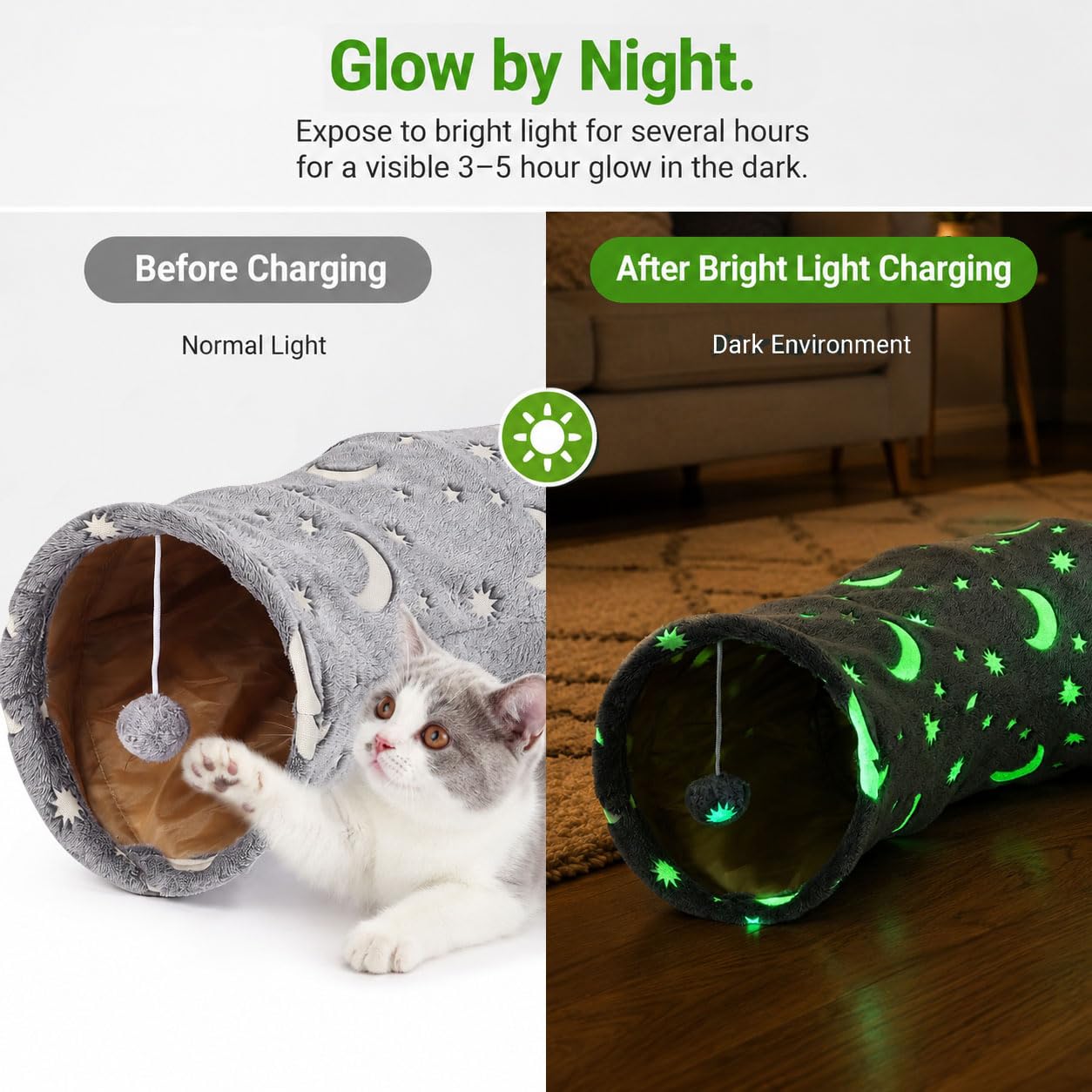 Túnel de tubo para gatos con bola de felpa plegable, autoluminoso, para gatos pequeños, conejos, gatitos, hurones, cachorros y perros, estrella lunar gris de 3 vías
