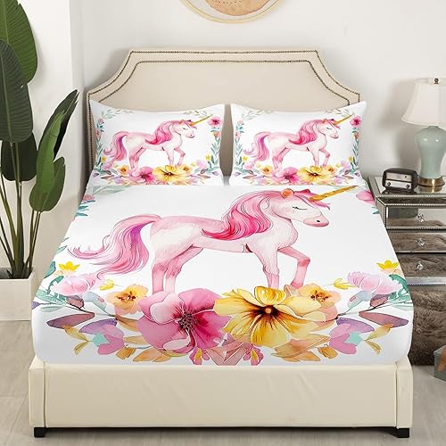 Miniatura 3 de Erosebridal Juego de sábanas de unicornio tamaño matrimonial, sábanas de cama Kawaii de dibujos animados de animales mágicos, sábana bajera Multi