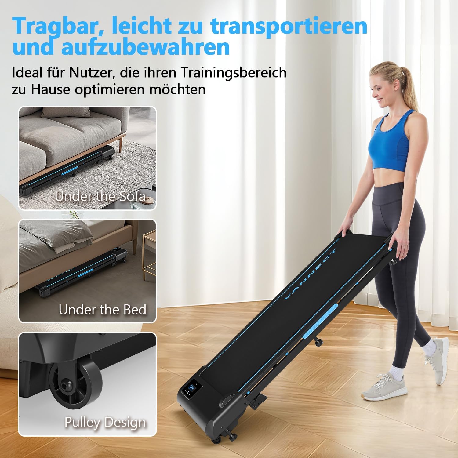 Image demonstrating the portability and storage options of the vannect Walking Pad, showing it stored under a sofa and under a bed, and highlighting its pulley design for easy movement.
