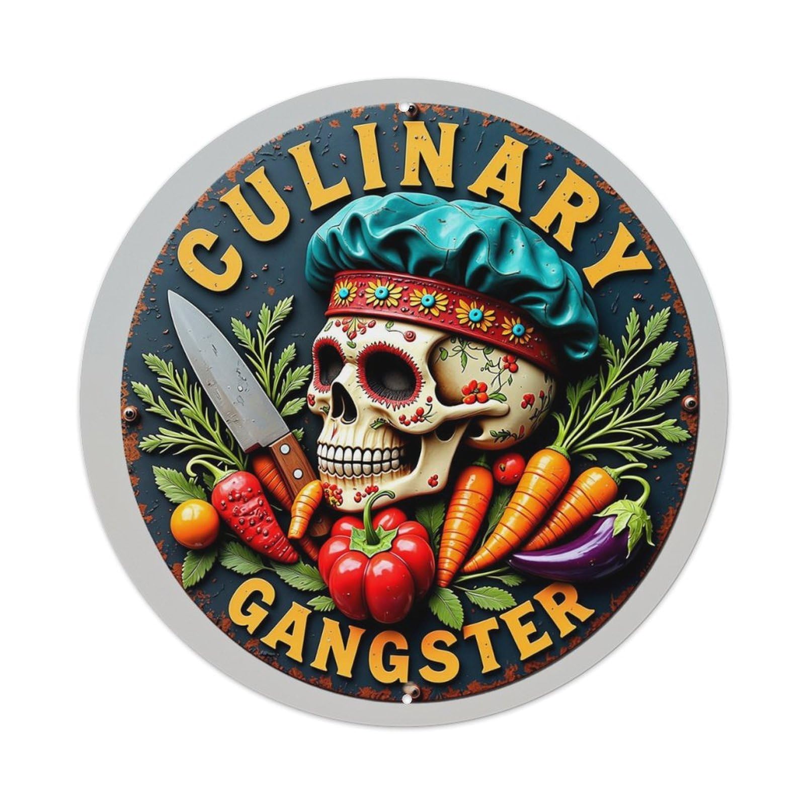 Skull Chef Vegetables Knife Art Retro Metal Sign Round Tin Sign, Vintage Decor Art Poster for Bar, Home, Man Cave, Kitchen, Laundry Room Gift 8x8Inch