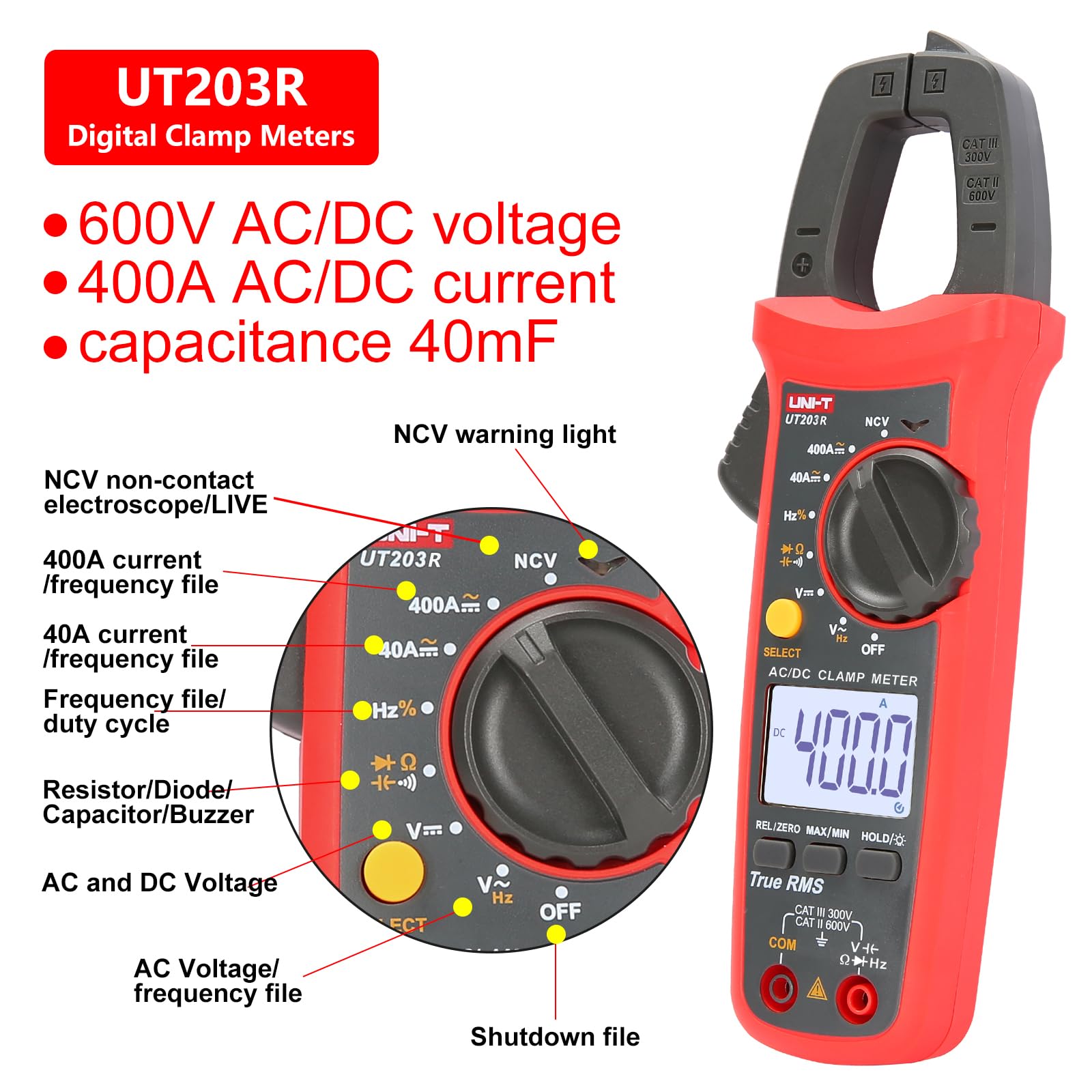 UNI-T UT203R Medidor de pinza digital Corriente CA/CC Rango automático Valores eficaces verdaderos Multímetro de retroiluminación máx./mín