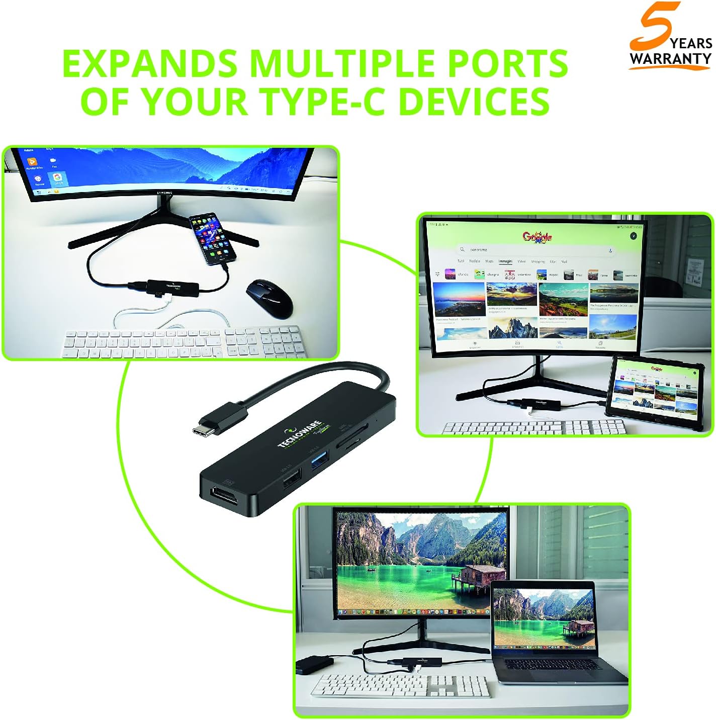 Tecnoware Hub USB Type-C 5 in 1 Adapter, Compatible with MacBook, Notebook and Most Smartphones and Tablets. 5 Ports: USB 2.0/3.0, HDMI 4K, Card Slot SDXC, Micro SD in Order to use Multiple Devices.
