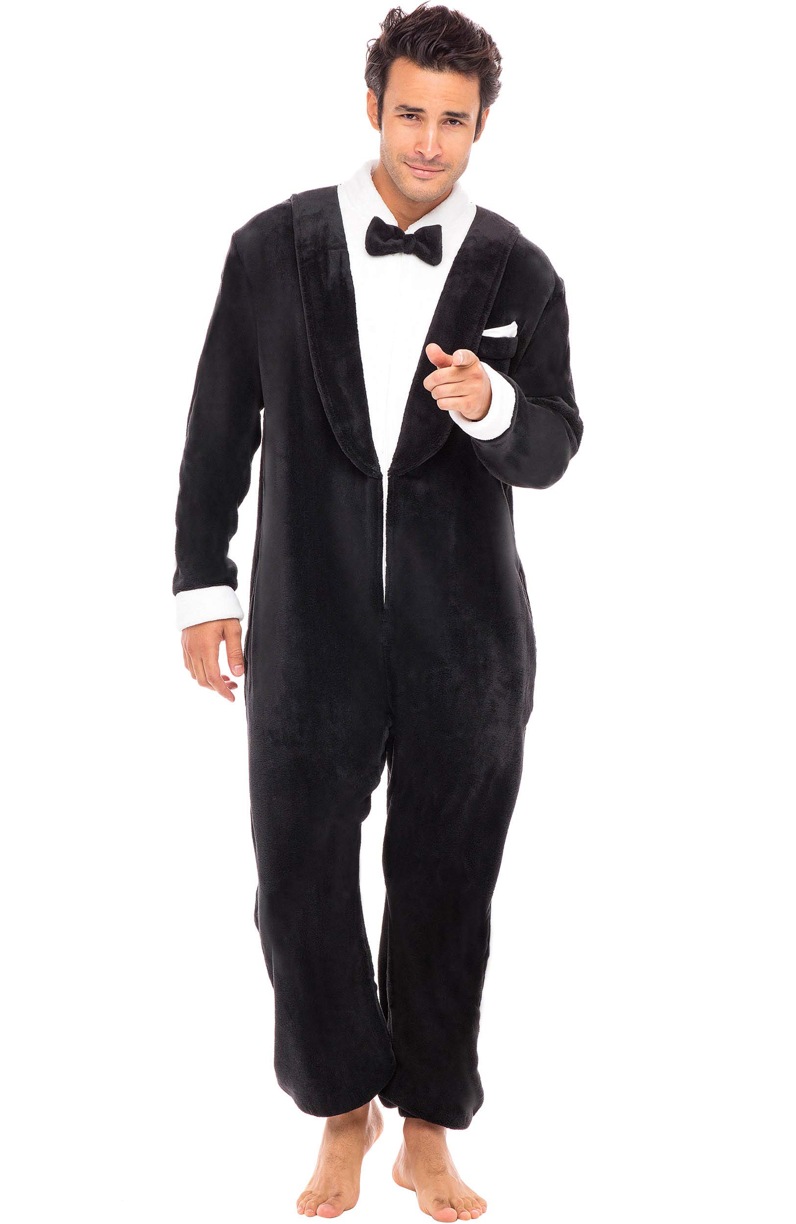 Alexander Del Rossa Men's Warm Tuxedo Fleece One Piece Hooded Footed Zipper Pajamas Set, Soft Adult Onesie Footie Hood Winter 2XL