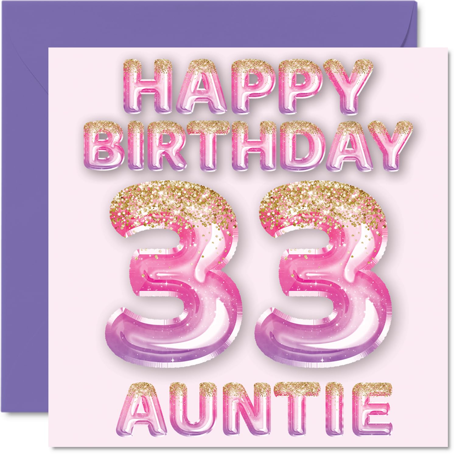 33rd Birthday Card for Auntie - Pink & Purple Glitter Balloons - Happy Birthday Cards for 33 Year Old Aunt Aunty from Nephew Niece, 145mm Bday Greeting Cards Gift